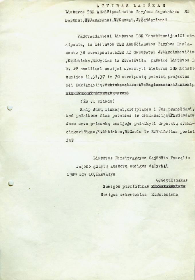 LPS Pasvalio rajono grupių atstovų Atviras laiškas Lietuvos TSR Aukščiausiosios Tarybos deputatams S. Bartkui, J. Jarašūnui, V. Kuzmai, J. Žandarienei